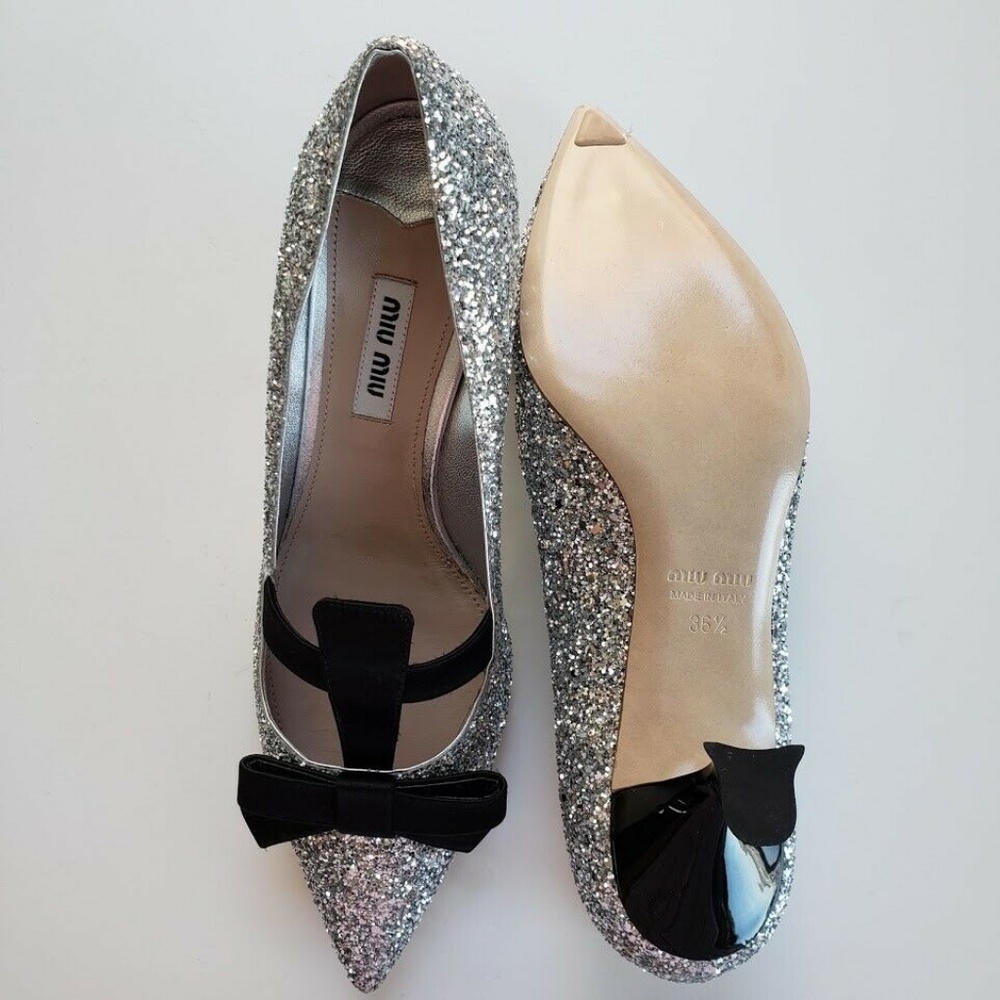 Miu Miu Argento Bow Heel Shoes - Black/Silver - Picture 5 of 8
